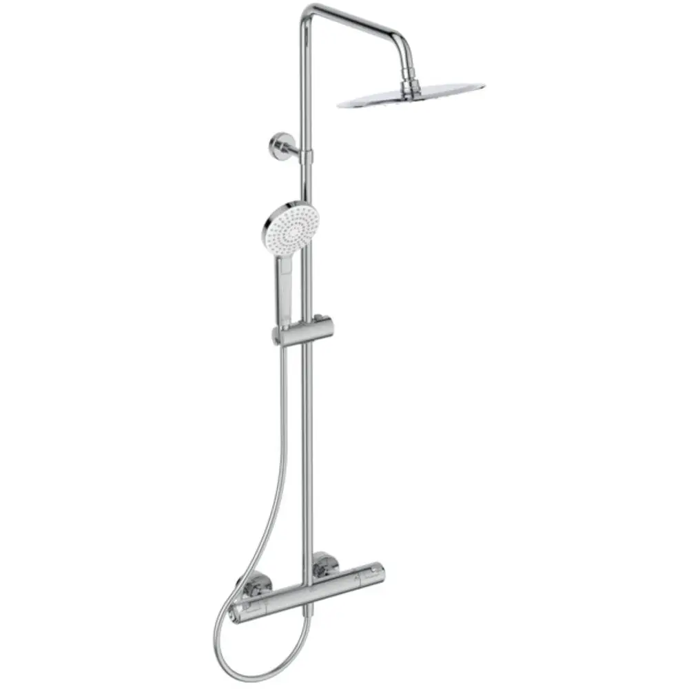 Duschsystem in Chrom von Ideal Standard, bestehend aus einer Kopfbrause, Handbrause und einer Thermostatsteuerung, montiert an einer Wand.